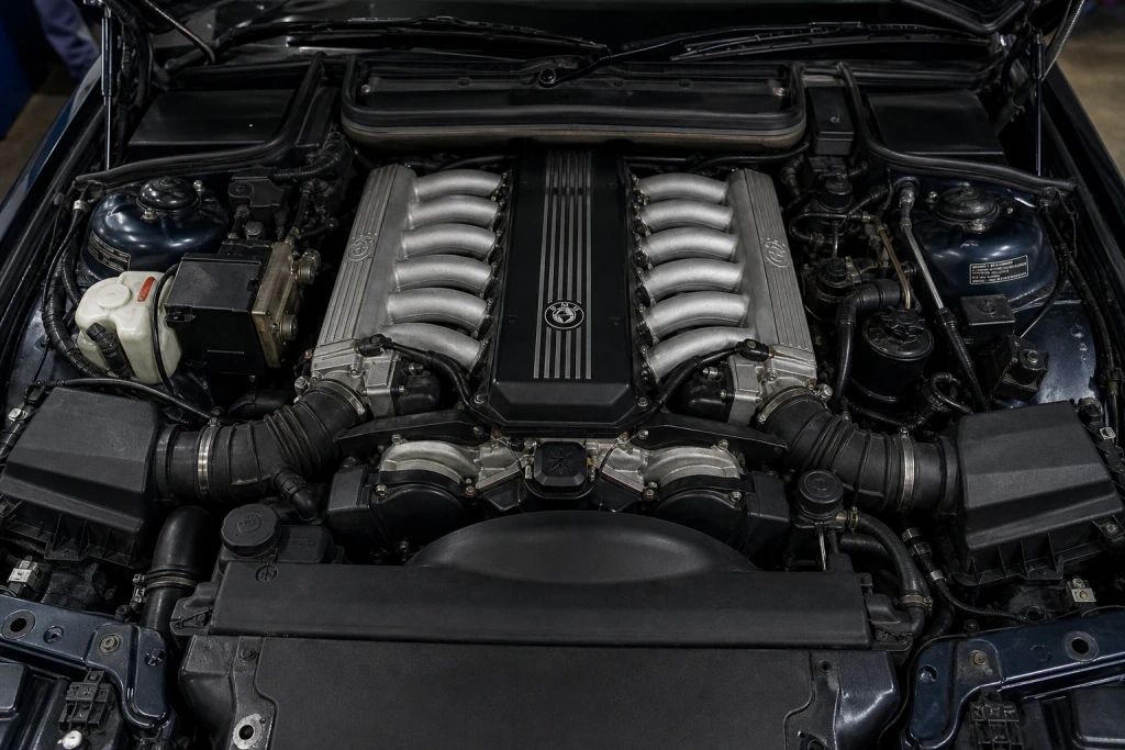 BMW 850CSi and E31 840Ci S70 V12 engine bay visual from the automotive content provider