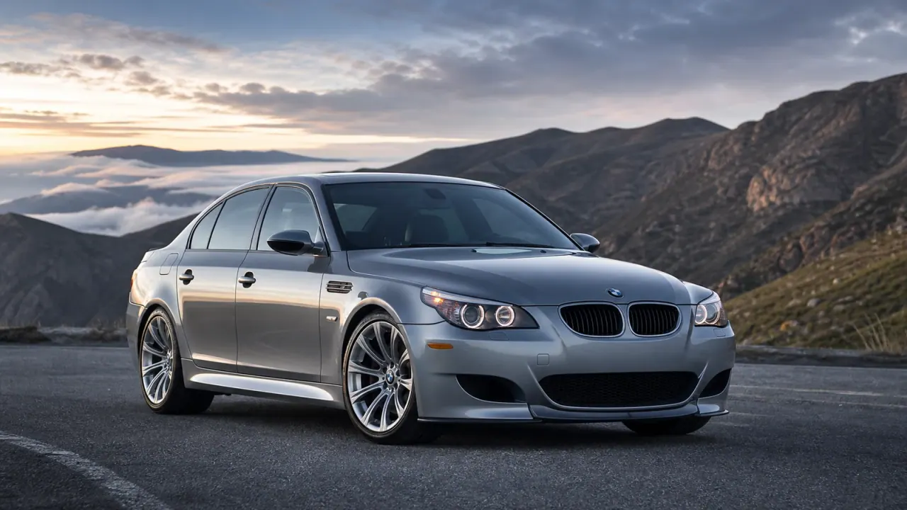 BMW E60 M5 nufotografuotas kelyje