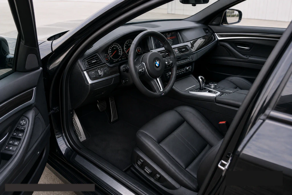 BMW F10 M5 S63TU DCT ir rankinio pirkėjo vadovo vidaus vaizdas
