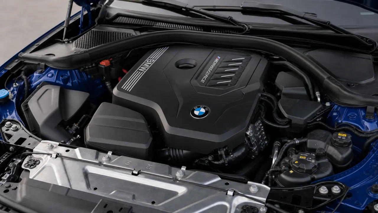 BMW M340i B58 engine-bay support visual from the MxticleCars provider package