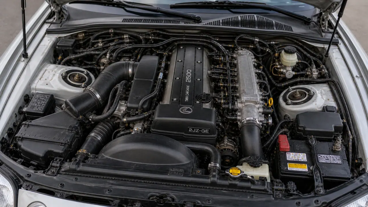 Lexus SC300 and Toyota Soarer JZ-family engine-bay support visual from the MxTicleCars provider package