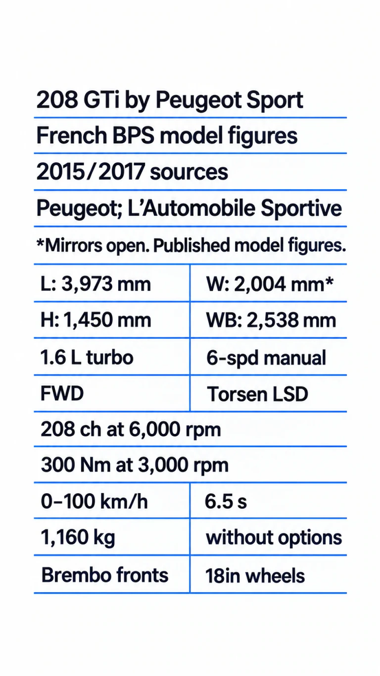 Technical tables of source-scoped Peugeot 208 GTi by Peugeot Sport dimensions, powertrain, published peaks and features.