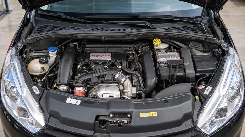 Illustrative Peugeot Sport engine bay showing the transverse four-cylinder layout, four coil connections and surrounding intake, reservoirs and wiring.
