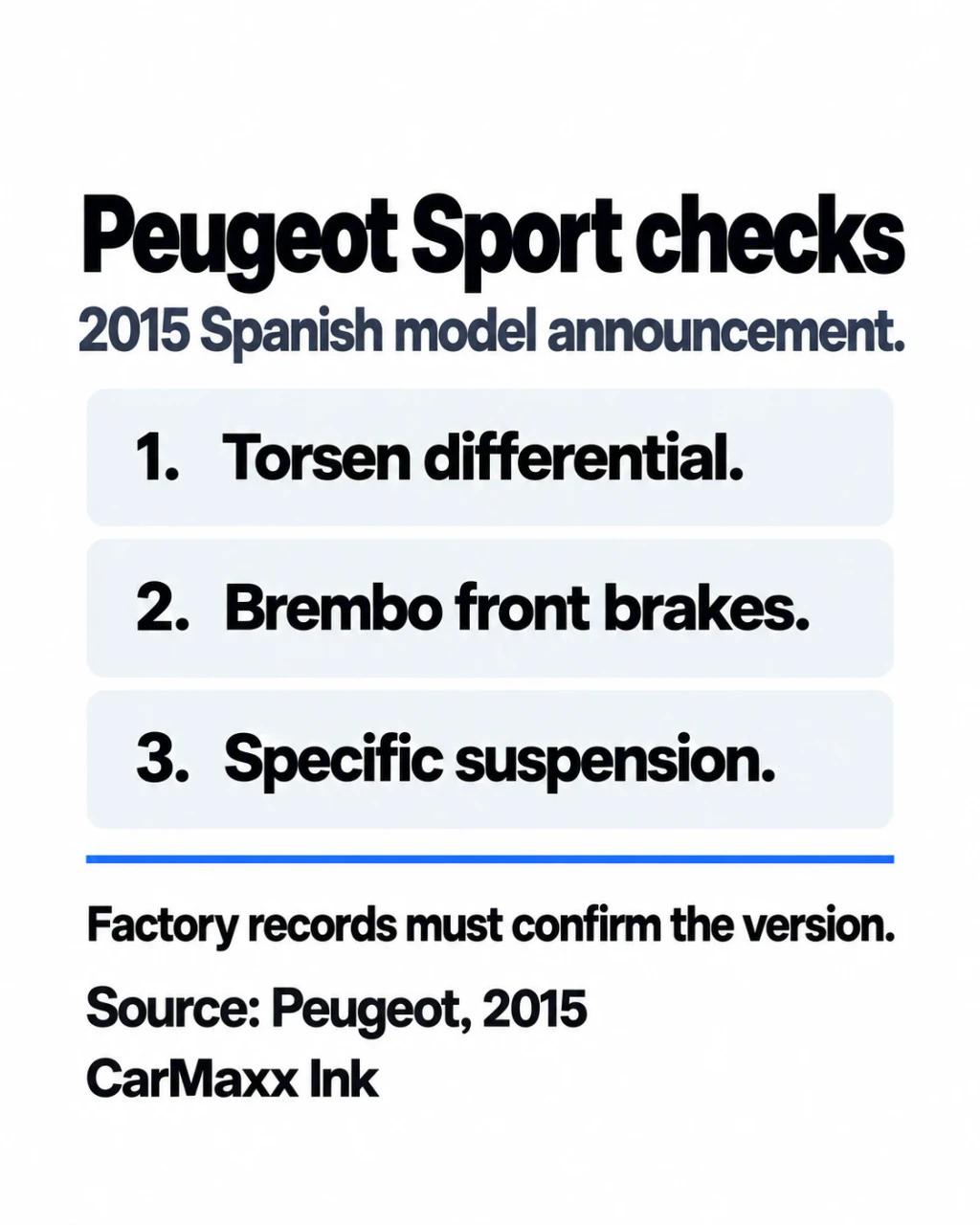 A focused card naming three features described for the GTi by Peugeot Sport: Torsen differential, Brembo front brakes and specific suspension.