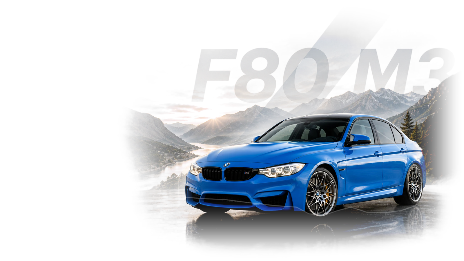 BMW F80 M3 teikėjo sukurtas straipsnio herojaus vaizdas su automobiliu, patalpintu tiesioginėje redakcijos antraštėje