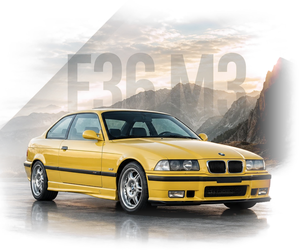 BMW E36 M3 kupė straipsnio herojaus vaizdas