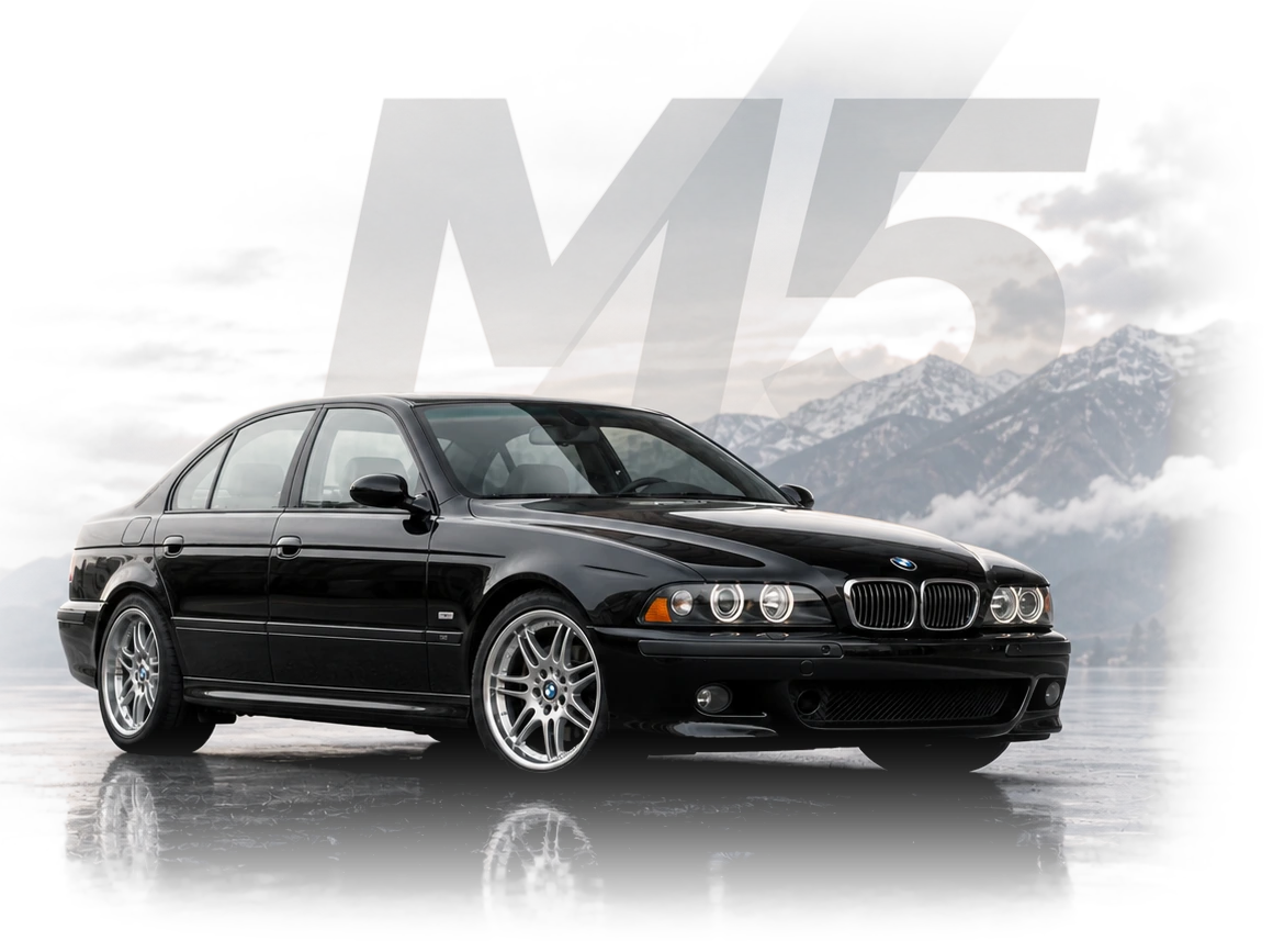 BMW E39 M5 teikėjo sukurtas straipsnio herojaus vaizdas su automobiliu, kuriame pateikiama tiesioginė redakcijos antraštė