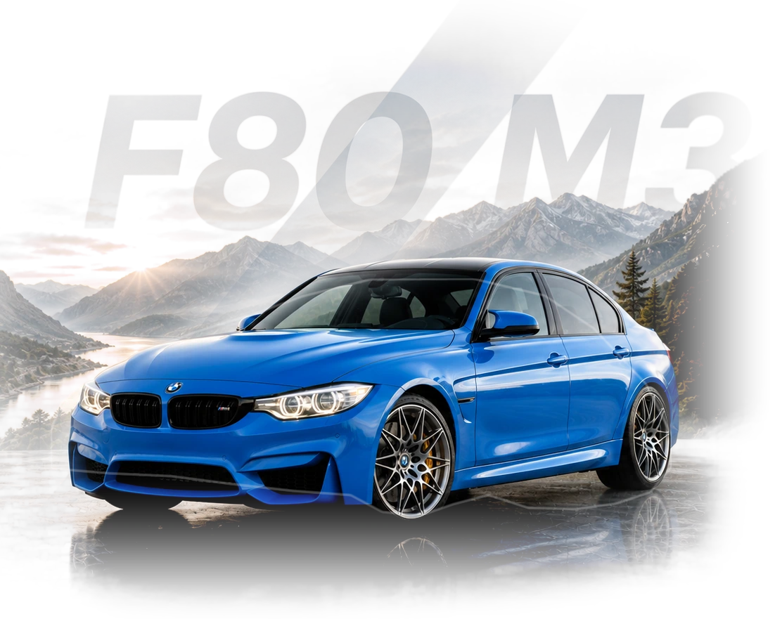 BMW F80 M3 teikėjo sukurtas straipsnio herojaus vaizdas su automobiliu, kuriame pateikiama tiesioginė redakcijos antraštė