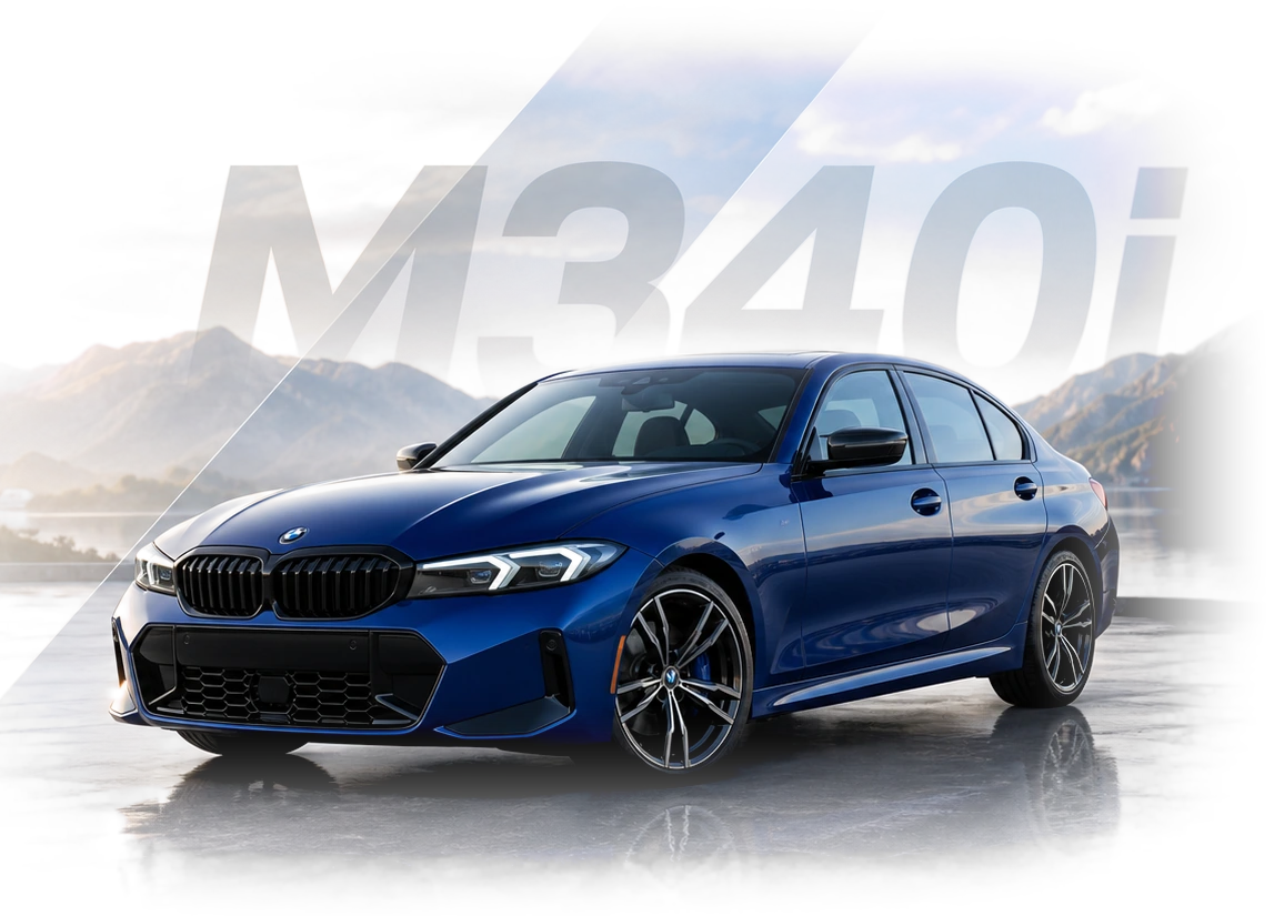 „BMW M340i“ teikėjo sukurtas straipsnio herojaus vaizdas su sedanu, patalpintu tiesioginės redakcijos antraštėje