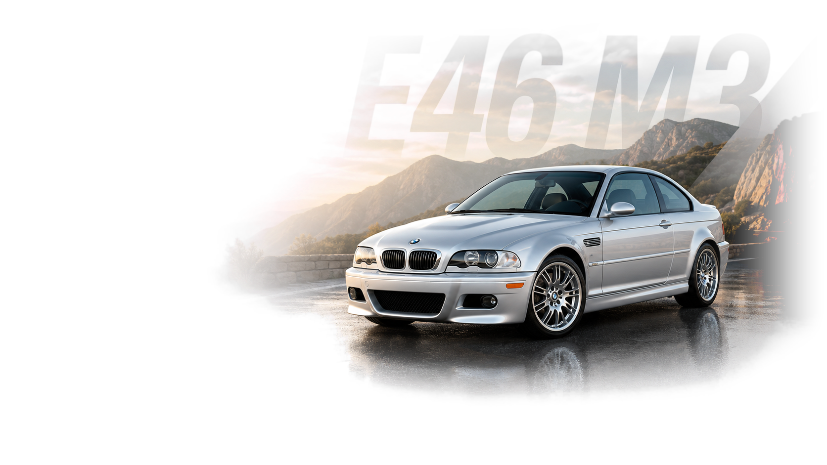 BMW E46 M3 teikėjo sukurtas straipsnio herojaus vaizdas su automobiliu, kuriame pateikiama tiesioginė redakcijos antraštė